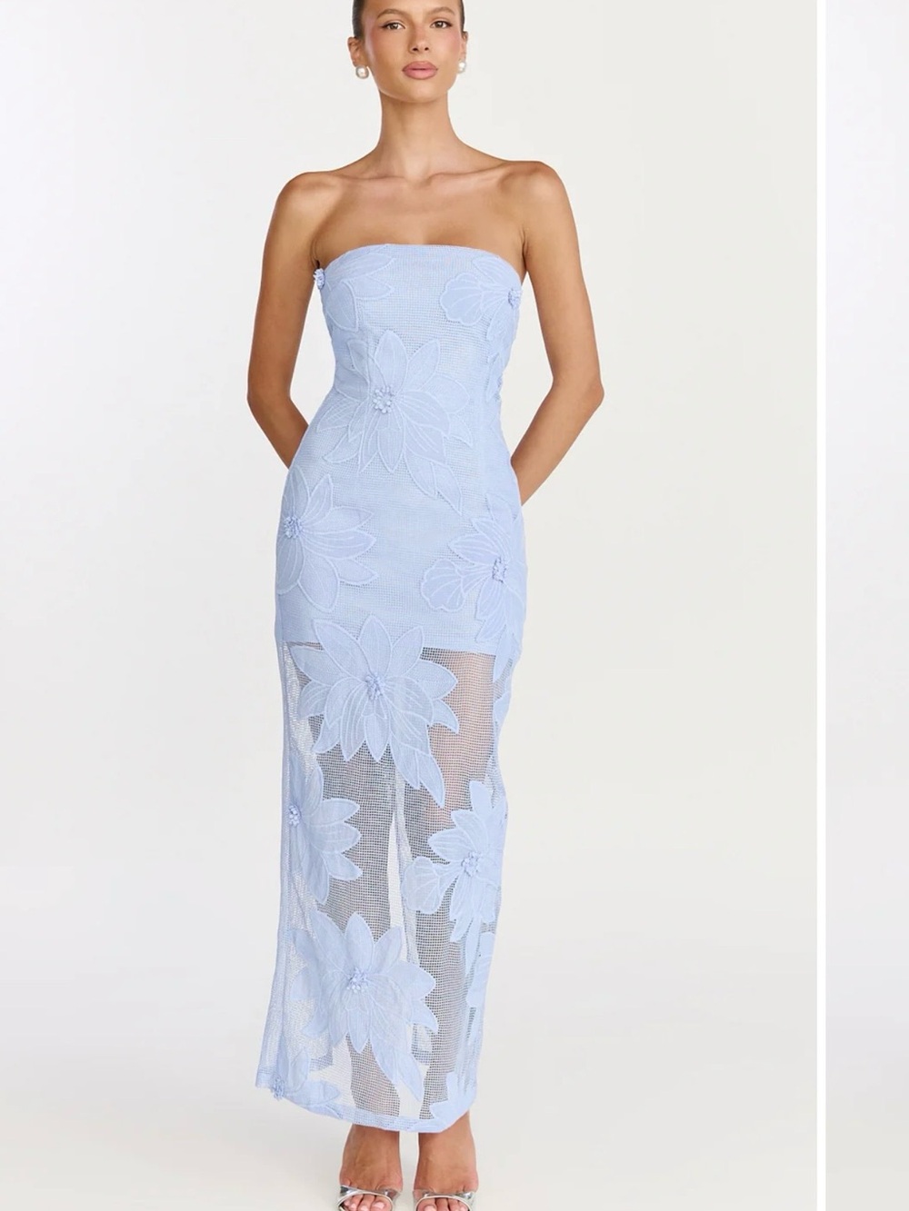 Showpo Powder Blue Strapless Floral Lace Maxi Dress